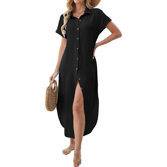 Dresses & Skirts - Women Black Long Maxi Button Down Summer Bikini Swimsuit Cover Up Beach Dress